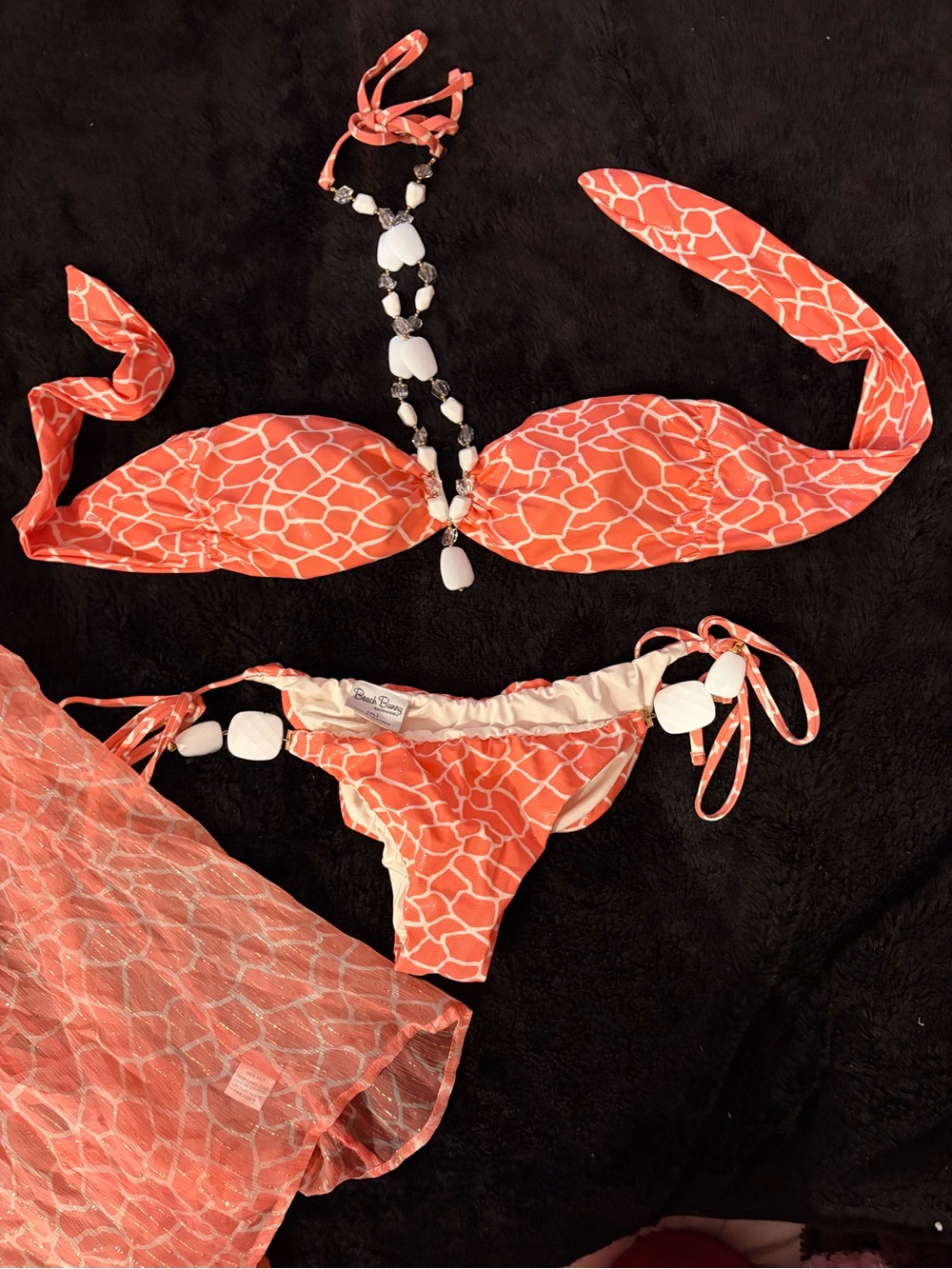 Beach Bunny Coral Giraffe-Print Tie-Side Bikini with Shell Accents